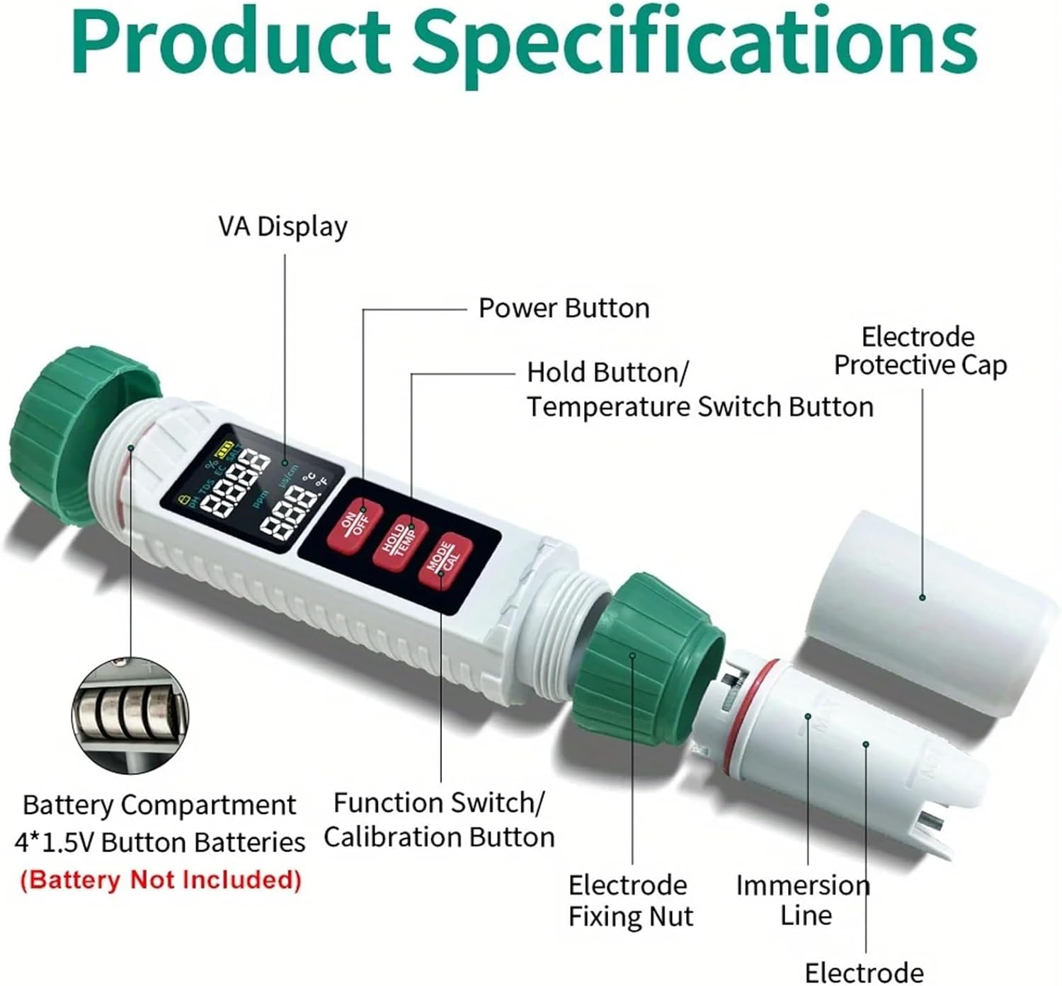 Portable 5-in-1 Water Quality Tester with High-Sensitivity Probe Measures TDS, EC, pH, Salt Temperature for Home Water Testing
