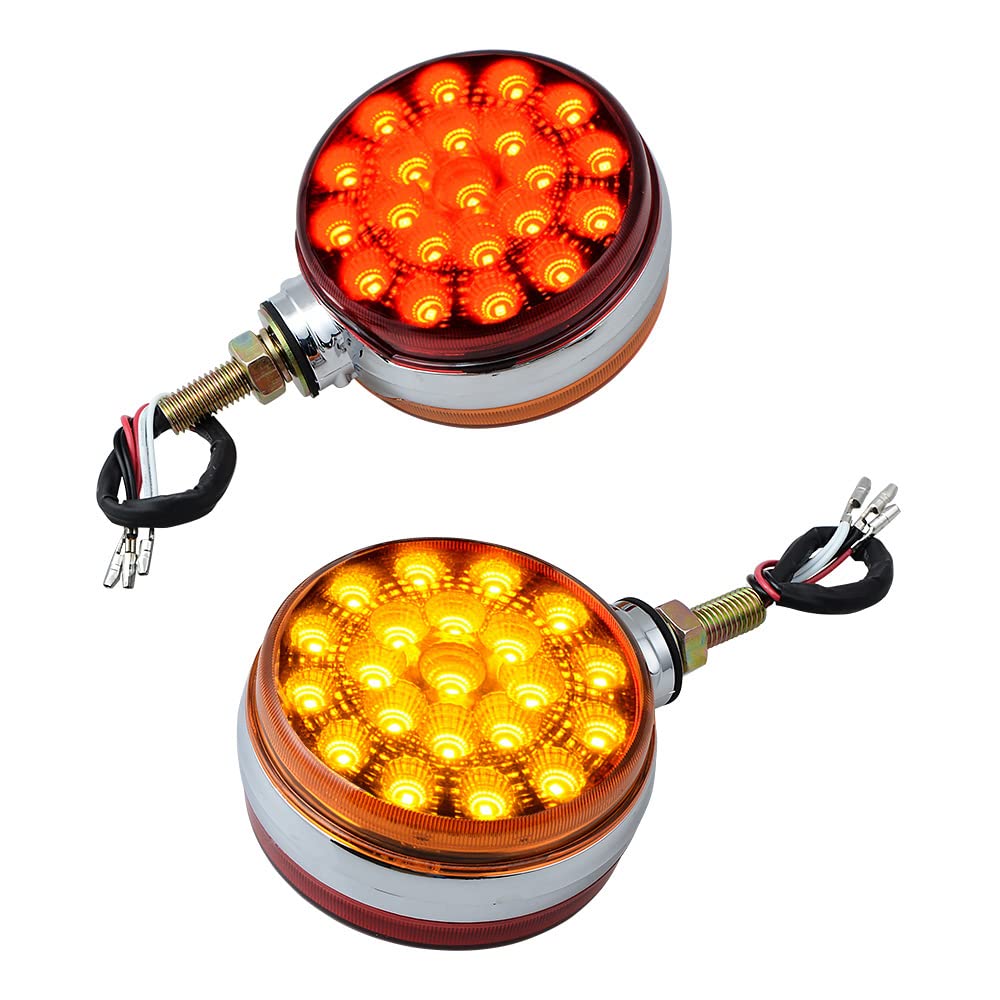 AMOPA 2X 4 inch Round Double Face Amber Red 42-LED Chrome ABS Housing Sealed Single Stud Mount Fender Reflective Stop Indicator Turn Signal Lights Compatible with Kenworth Peterbilt Freightliner Volvo