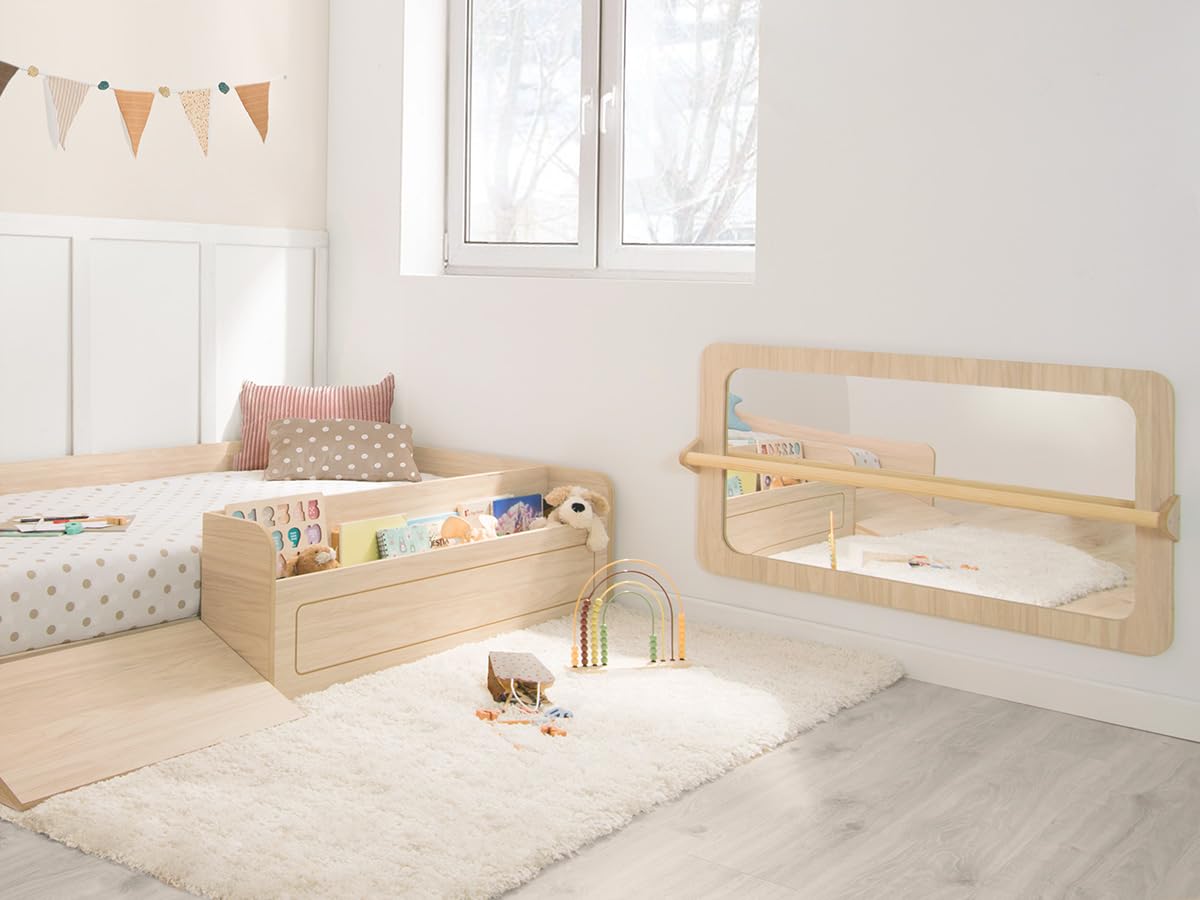 Bainba Espejo Montessori bebé con Barra Abedul | 3 Posiciones Regulables | Cristal Irrompible de Seguridad | 112 x 60 cm | Fijación en la Pared | Hecho en España