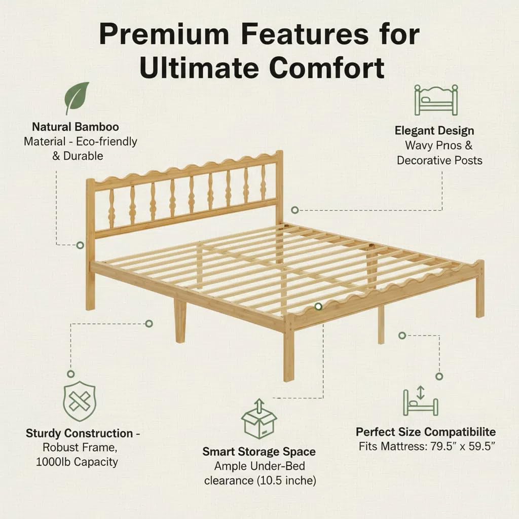 14 Inch Solid Wood Full Bed Frame with Wavy Headboard, No Box Spring Needed, No Squeak, Bamboo&Metal