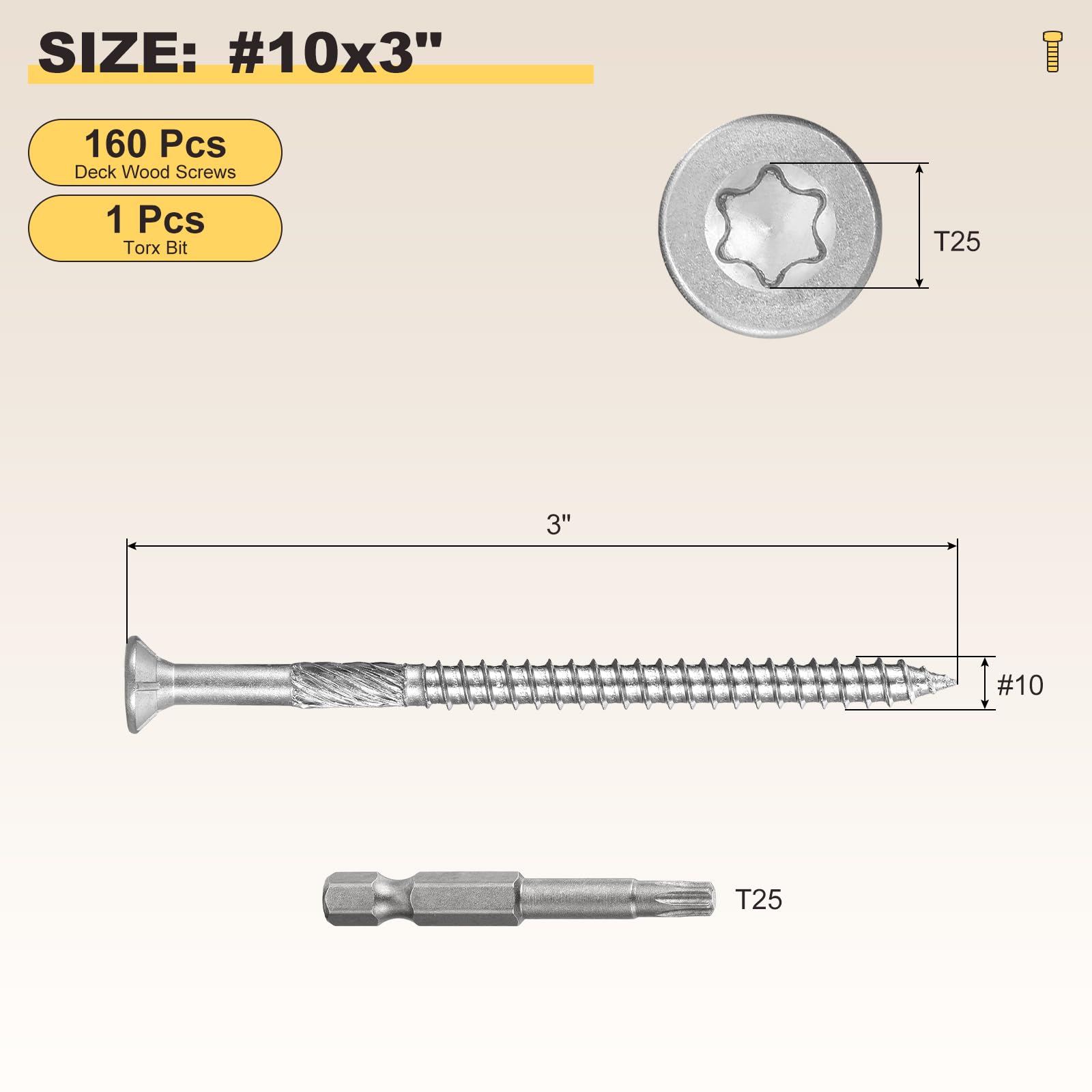 METALLIXITY Deck Screws (#10x3") 160Pcs, 410 Stainless Steel Wood Screw Decking Screws with T25 Torx Drive Head - for Wood Fence Silver - Image 2