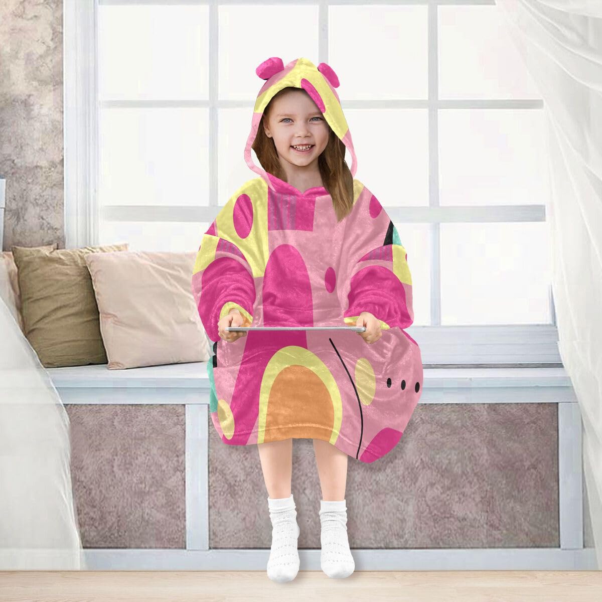Kolorowy abstrakcyjny geometryczny koc do noszenia dla dzieci bluza z kapturem oversize bluza koc sweter dla chłopców i dziewcząt w wieku 3-14 lat