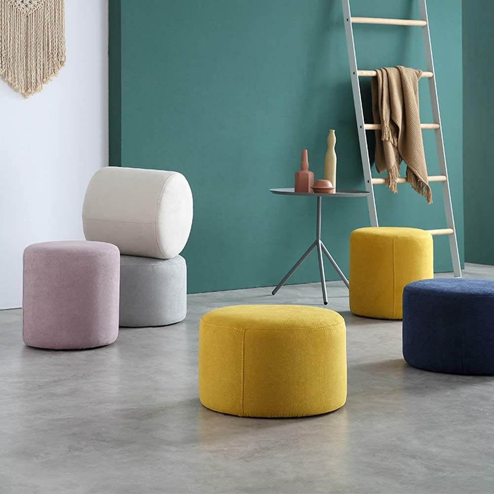 Pouf Rotondo In Tessuto Lino 30 Cm Con Gambe In Legno – Sgabello Poggiapiedi Morbido E Leggero Per Soggiorno