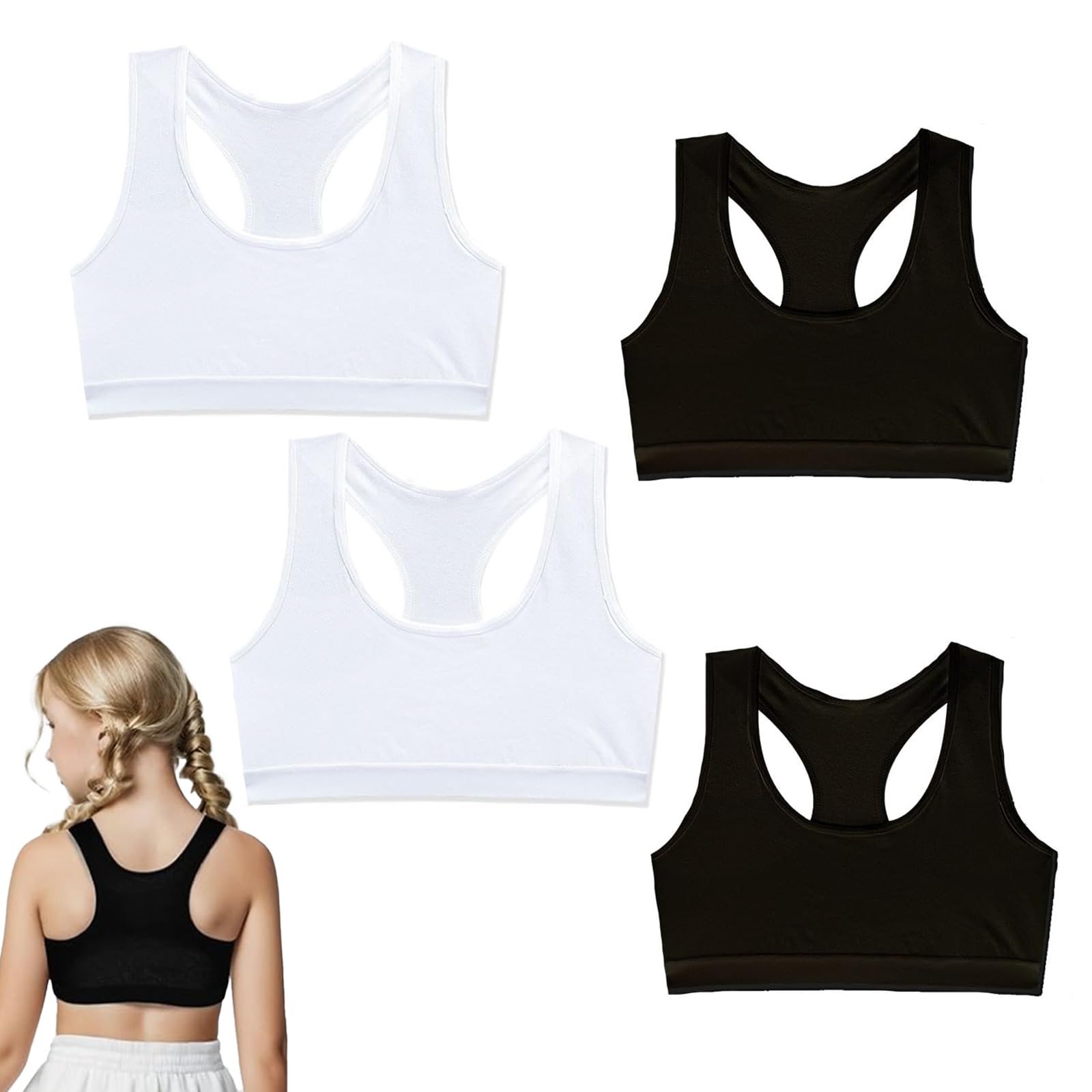 4er-Pack Mädchen Sport BH, Bauchfreie Tops, Sport-BH,Kinderunterwäsche, Nicht Gepolsterter Trainings-BH, Teenager, 8-14 Jahre(Schwarz Und Weiß)