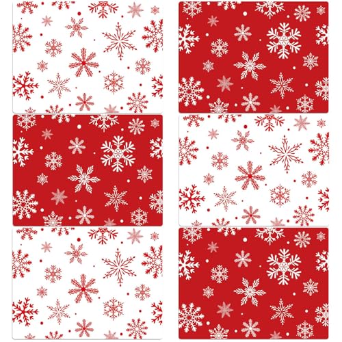 Juego de 6 manteles individuales de Navidad de plástico con diseño de copo de nieve rojo y blanco, manteles individuales de invierno, lavables, decoración de mesa para interiores y exteriores, fiesta,