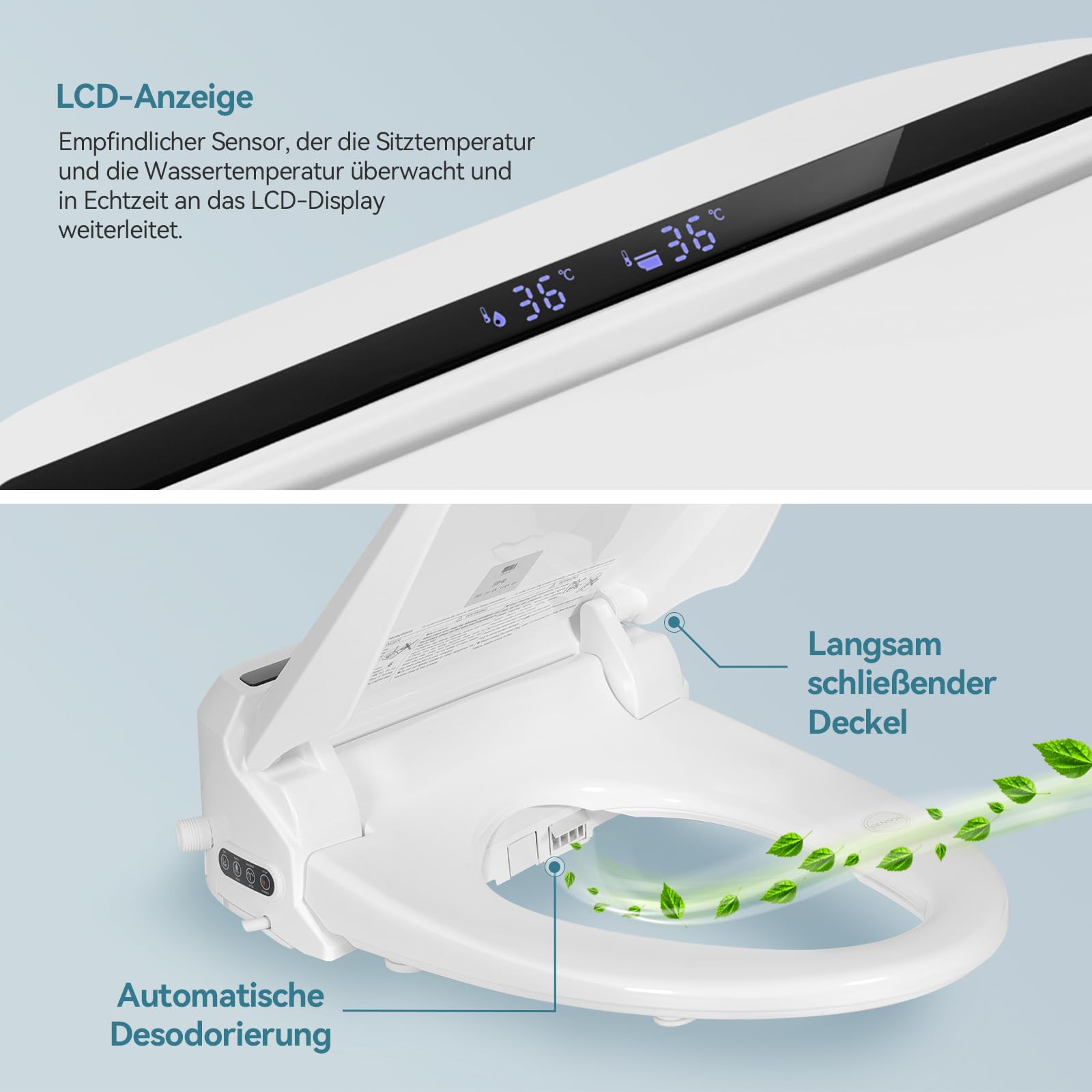 YOURLITE Smart Toilettensitz WC Bidet mit Düse,Absenkautomatik | Intelligenter Toilettendeckel,Japanische Toilette,WC Bidet,Fernbedienung,Einstellbarer Wasserdruck,Trockner,Nachtlicht
