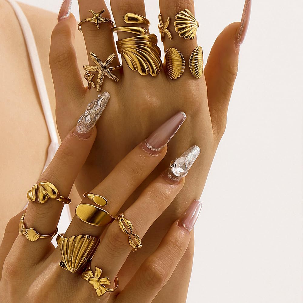 Gold Seashell Starfish Rings For Women Opening Shell Chunky Rings Gold Dainty Stacking Rings Summer Beach Surfer Jewelry - Image 4