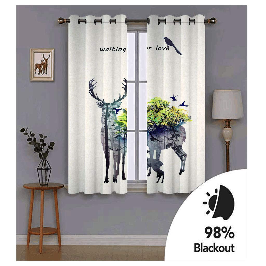 Cortinas Niño Niña Habitacion Opacas Con Ojales 2 Piezas 3D Ciervos Esperando El Amor En Un Bosque Verde Sobre Fondo Blanco. Patrón 264X214Cm（An X Al）Cortinas Termicas Aislantes Frio Y Calor Salón
