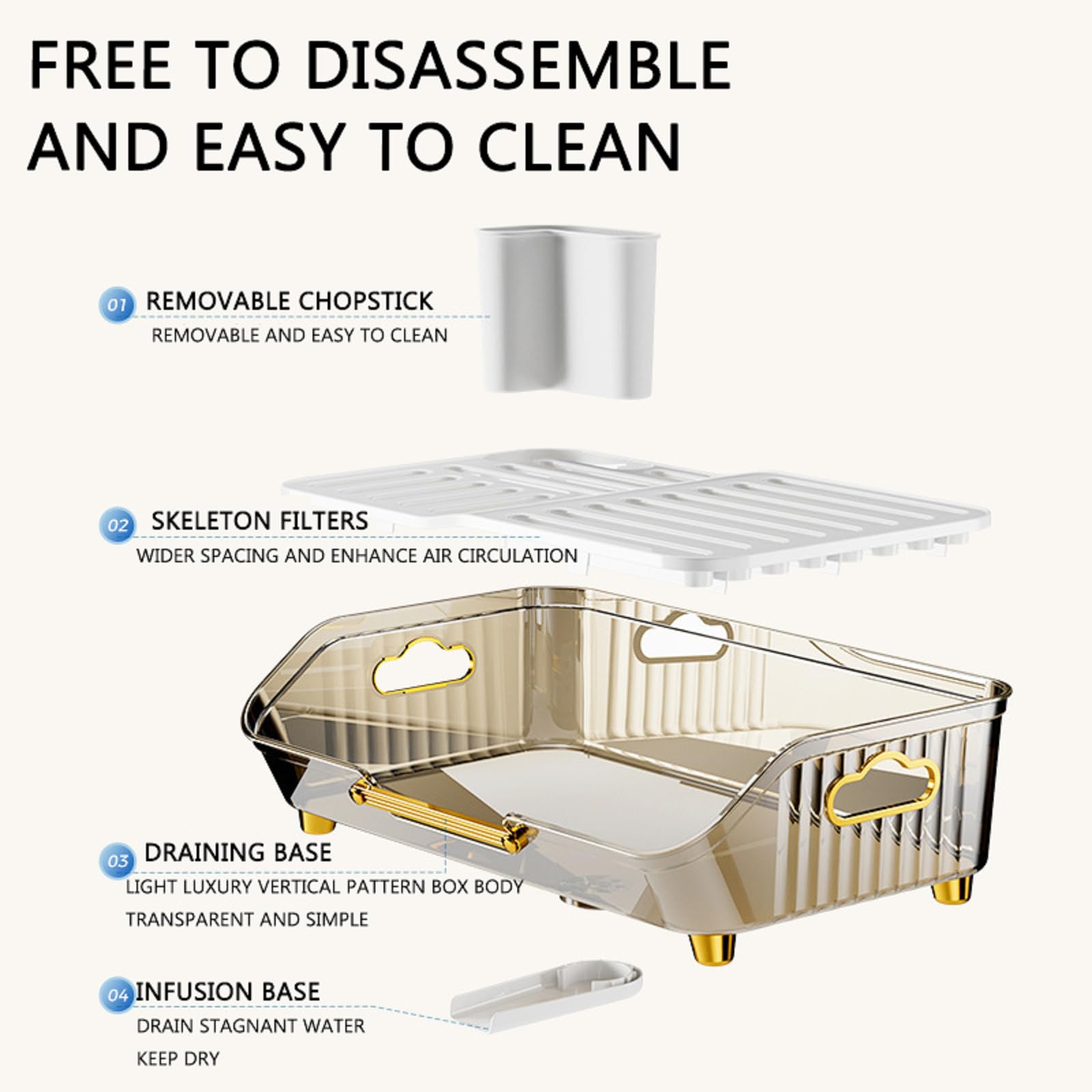 Escurreplatos para fregadero, escurridor de cocina de plástico, colador de platos que ahorra espacio con asas redondeadas, soporte desmontable para palillos, 17 pulgadas de largo x 11 pulgadas de