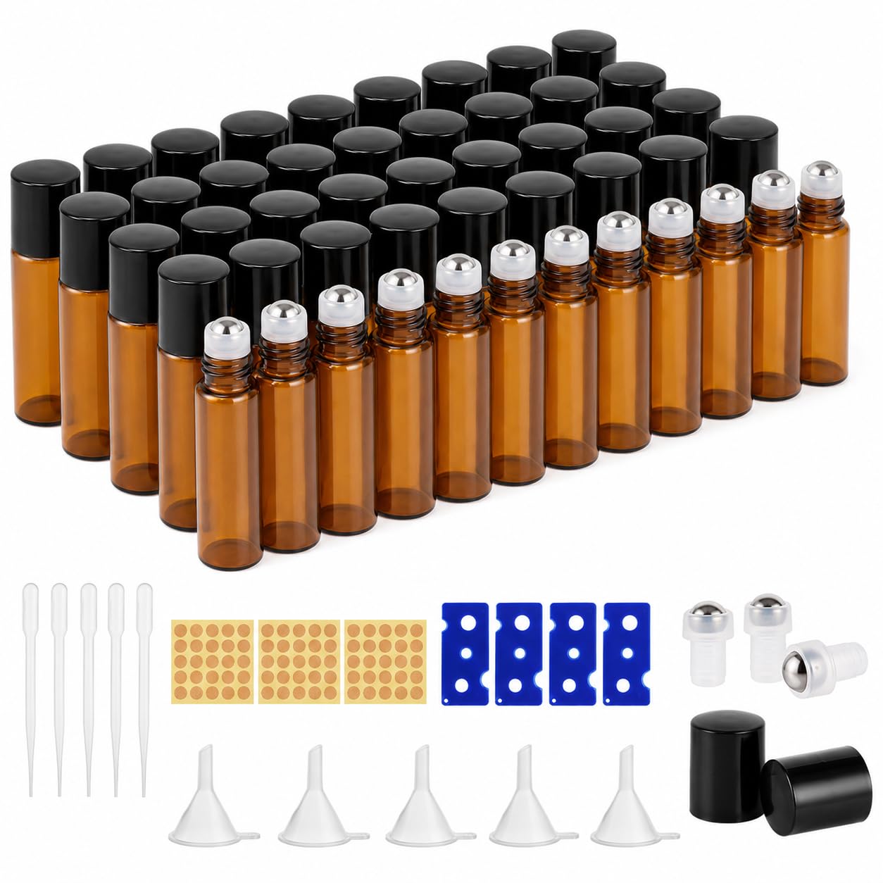 CYEER Lot de 50 Flacons Roll-On 5ml en Verre Ambré, Bouteilles Huiles Essentielles avec Billes en Acier Inox et Kit DIY Complet (Entonnoirs, Pipettes, Étiquettes, Ouvre-bouteilles), Protection UV pour