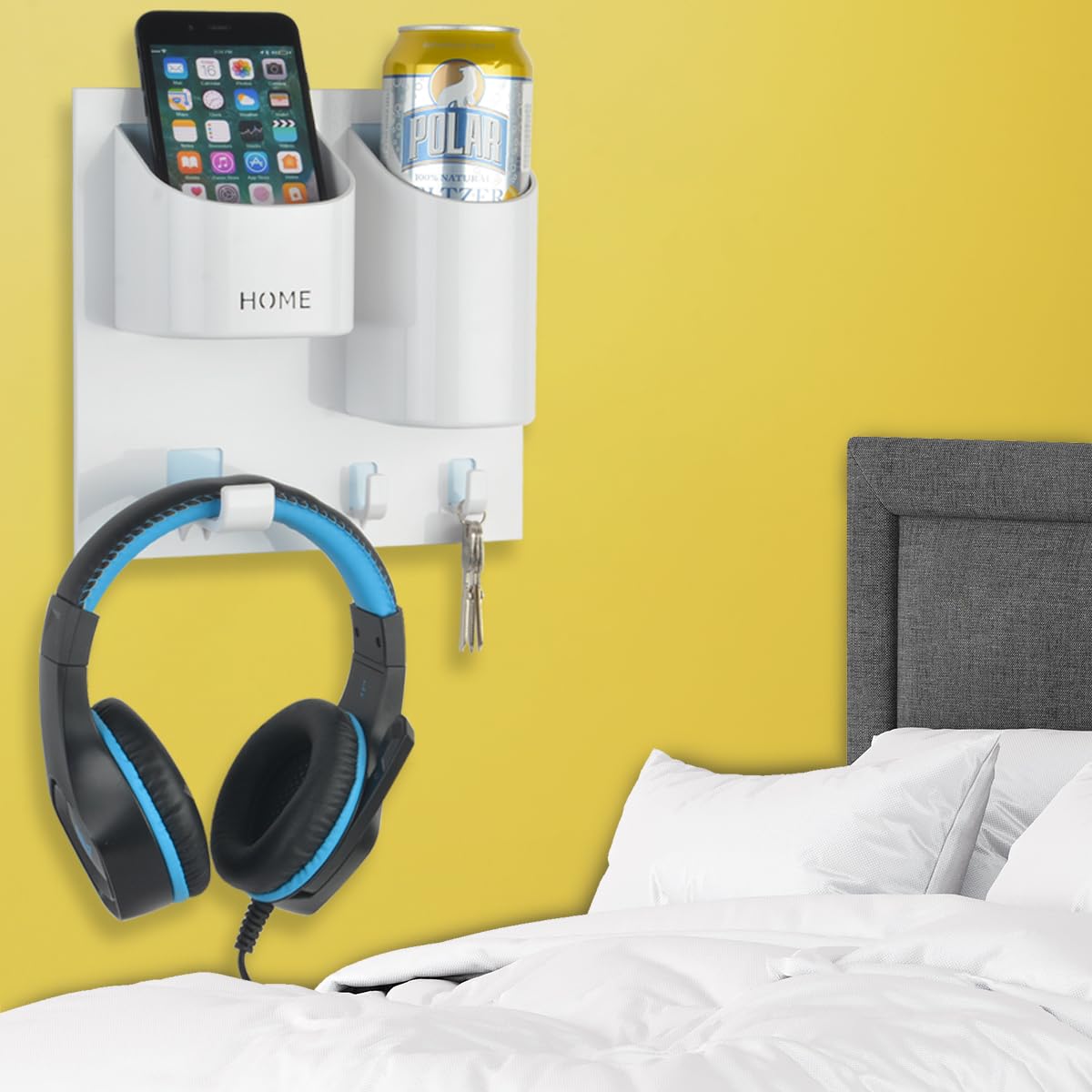 OKOMATCH Bedside Shelf Caddy Drink Beer Holder Can Wall Mounted Adhesive Stick On 3 Hooks Drain Hole Design