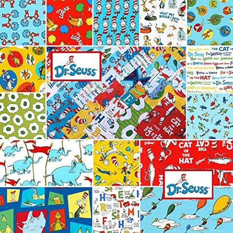 Robert Kaufman 60 Piece DR. Seuss Favorites Precut 5-inch Cotton Quilting Squares Charm Pack Fabric Cotton Assortment Dr Seuss Cover