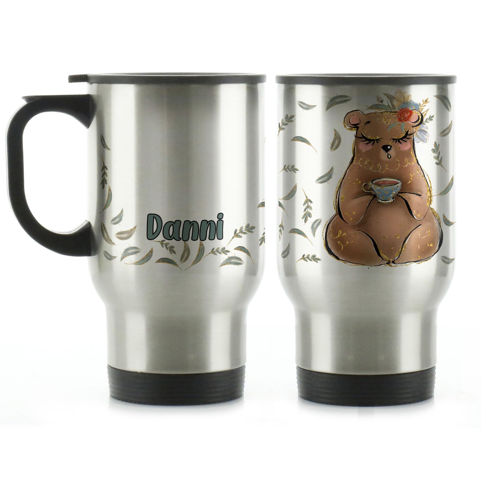 Hairyworm Personalised 400ml Silver Stainless Steel Mug with Handle, Customised with Initial/Name, Autumn Leaf Flower Bear Travel Mug