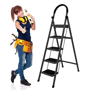 Cheston Premium MS Steel Ladder for Home 5 Steps Foldable I 5.1' FT Anti Skid Step Ladder with Wide Pedal & Hand Grip I Shock-Resistant Sturdy Steel Step Stool That Supports 150+ Kgs (Black)