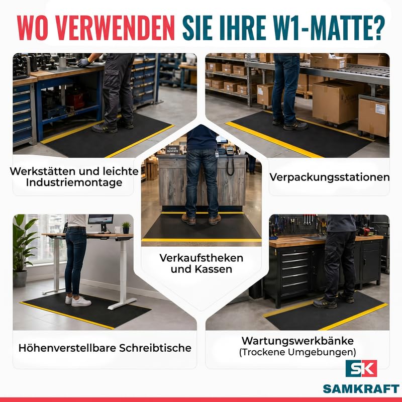W1 Anti-Ermüdungsmatte 9,5 mm – Ergonomische Arbeitsplatzmatte aus hoch elastischem Schaum – Industriematte für Steharbeit, Werkstatt, Kasse & Büro – Schwarz/Gelb – 91 cm x 300 cm