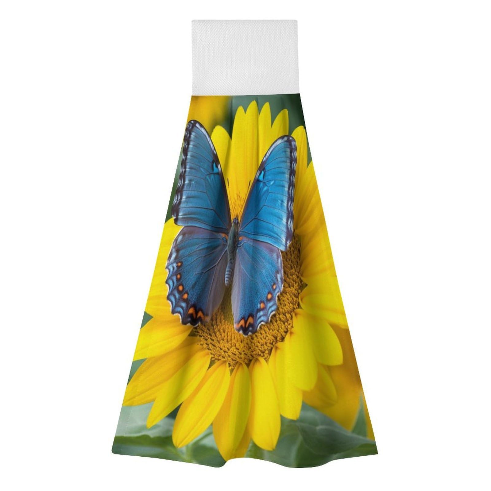BTCOWZRV Sunflower Blue Butterfly Hanging Kitchen Towels with Loop, 2 PCS Luxury Hand Towels for Bathroom, Soft Microfiber Absorbent Face Towels Quick Dry Cleaning Cloths for Kitchen Dish Towels