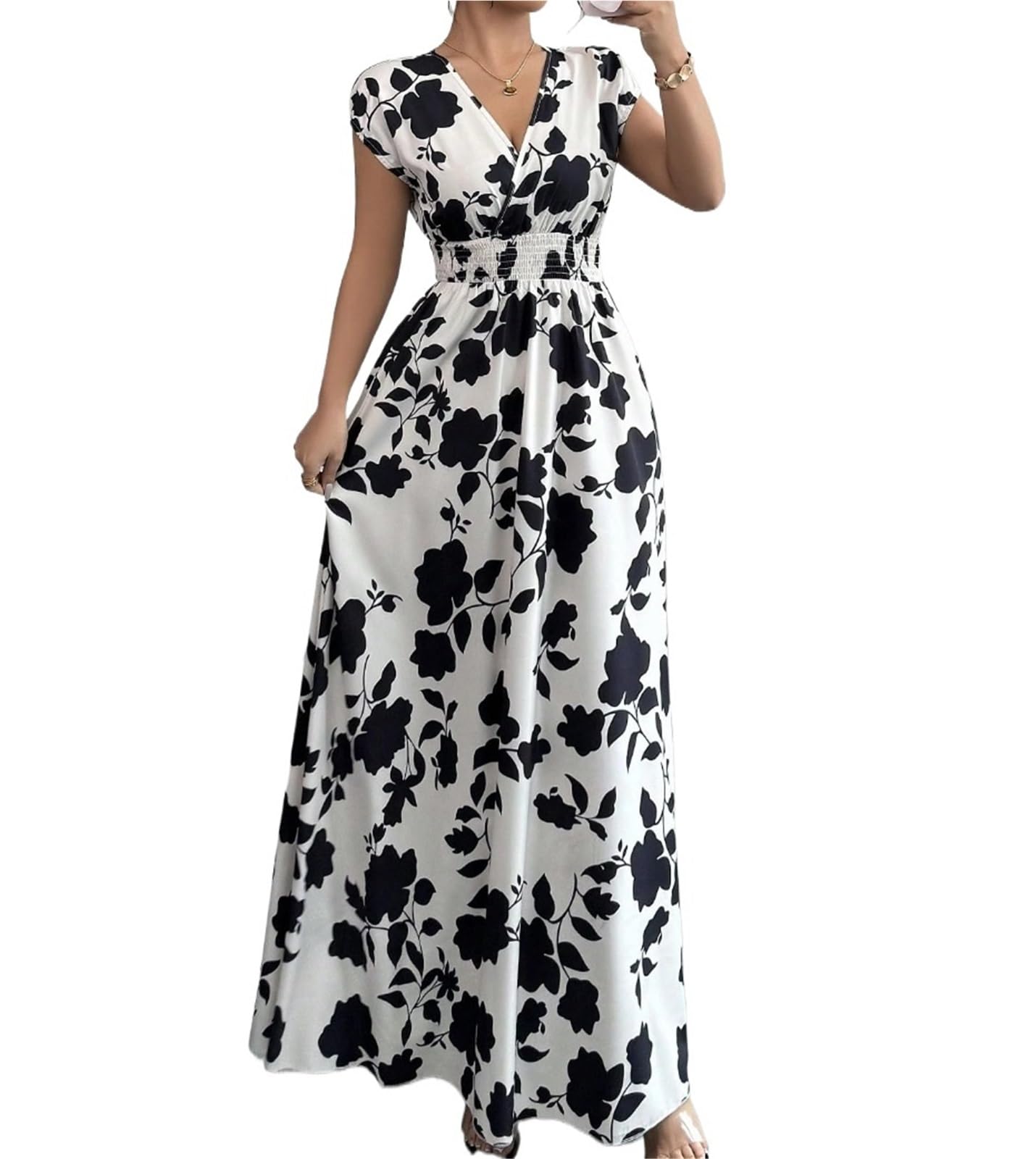 Vestido de Playa Verano for Mujer, Cuello en V, Manga Corta, Estampado Plantas, Moda Sencilla, Vacaciones, Informal, Largo