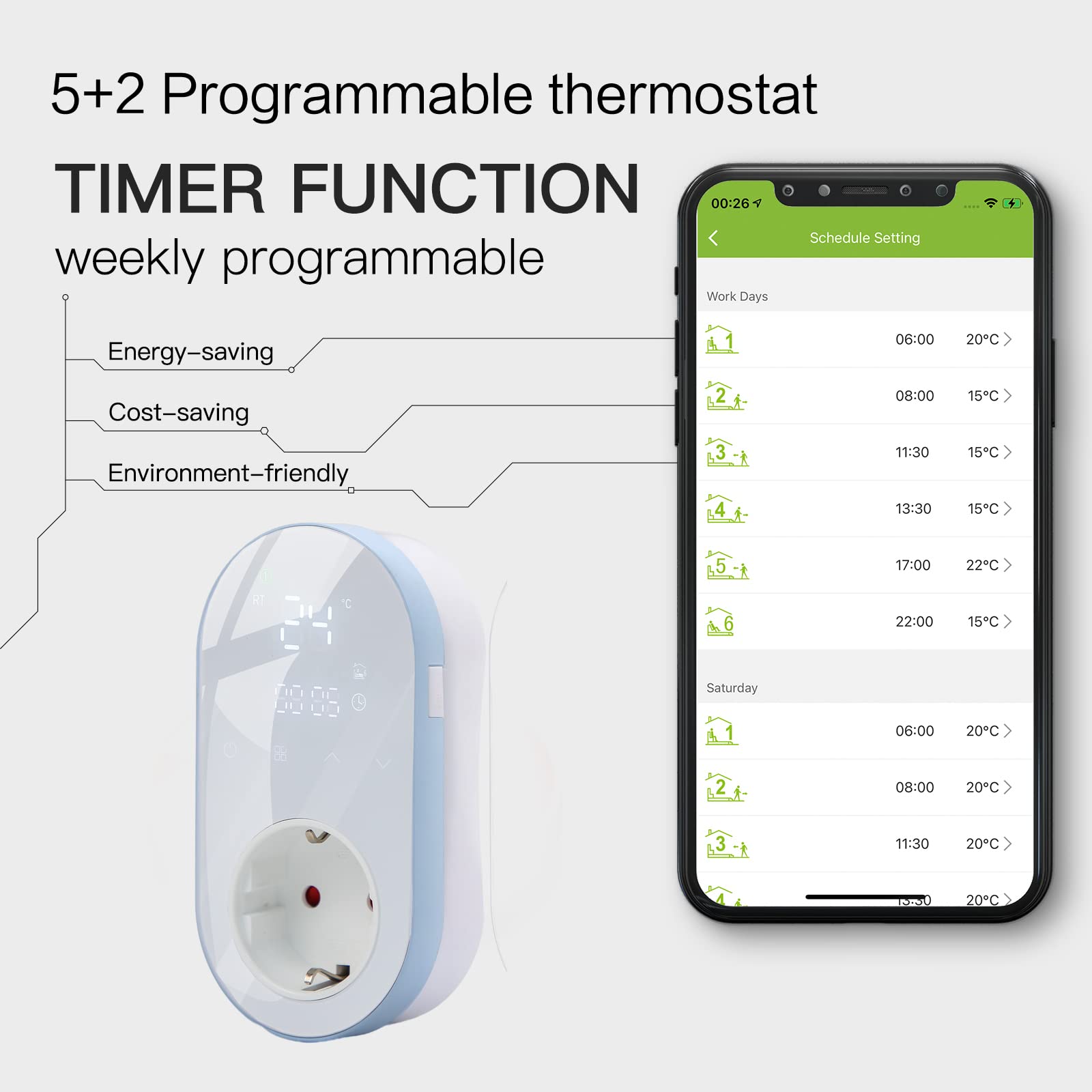 Presa Termostato Digitale di Raffreddamento e Riscaldamento, Termostato con Sonda，Presa con Termostato Wifi Alexa，Termostato Ambiente Programmabile,Cronotermostato Smart Wifi