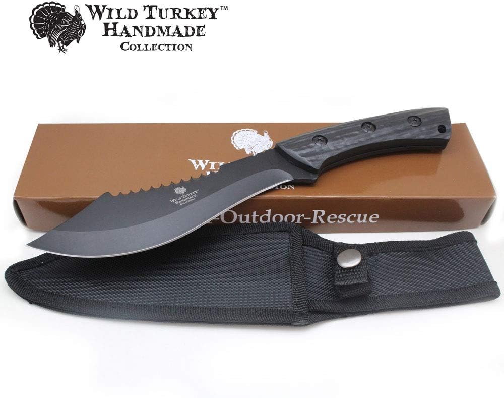 Wild Turkey Handmade 12" Heavy Duty Full Tang Fixed Blade Hunting Knife w/Nylon Sheath (Black)