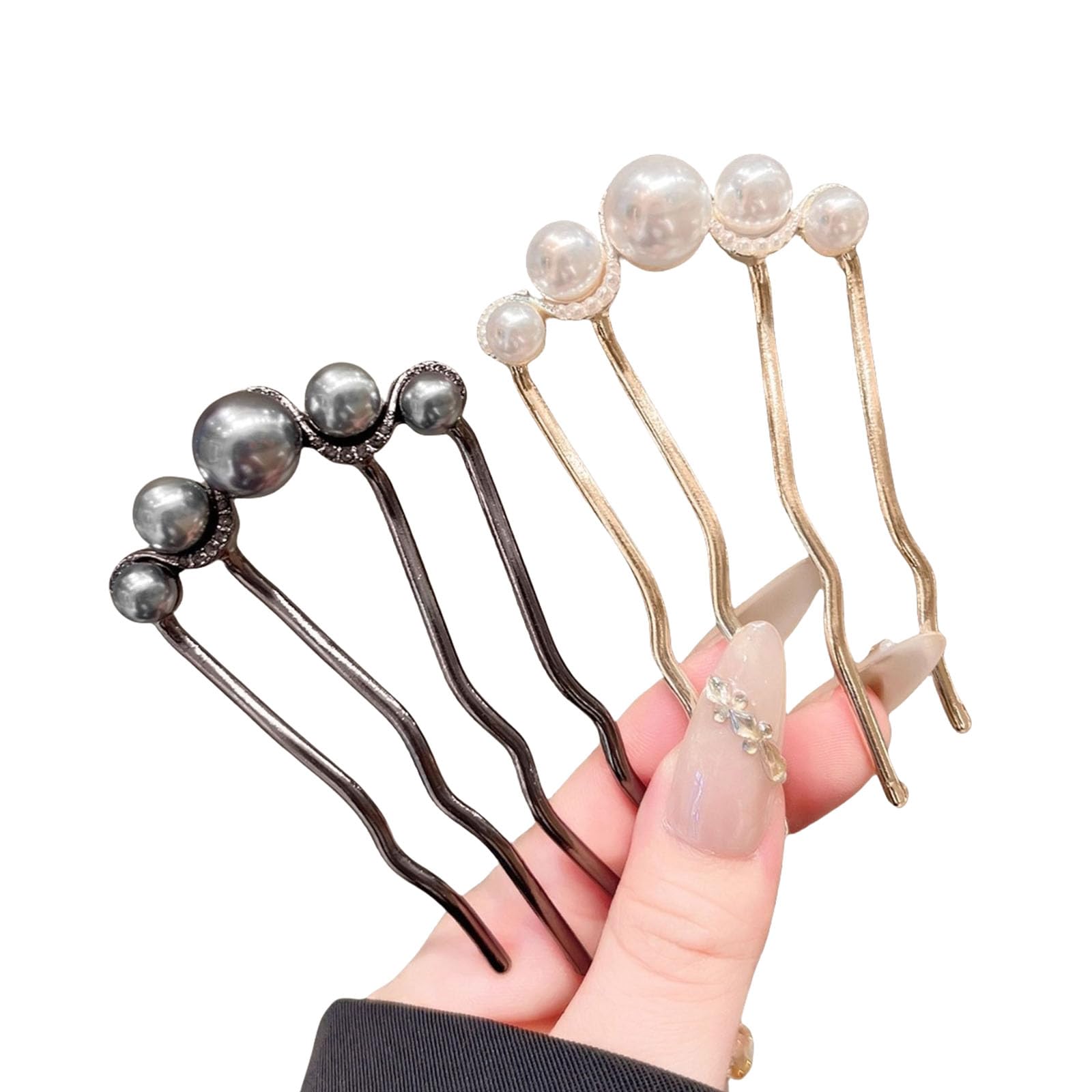 Mirhua かんざし ヘアアクセサリー 髪留め 簡単 2個セット ゴールドとブラック パール 髪飾り Uピン おしゃれ 夜会巻きコーム ヘアコーム パール ヘアピン 結婚式 成人式 パーティー 卒業式 和装 花嫁 普段使い