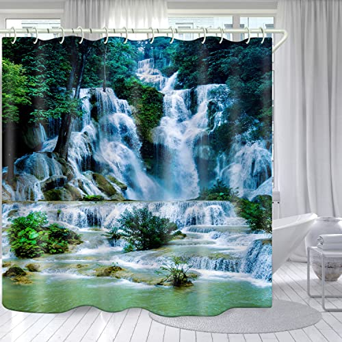 Image of LYFANS Shower Curtains Waterproof Polyester Fabric,Large Width Bright Partition Curtain with Waterfall Pool Print,Shower Curtain Liner for Bathtub Bathroom with 12 White Hooks (72 x72 inches)