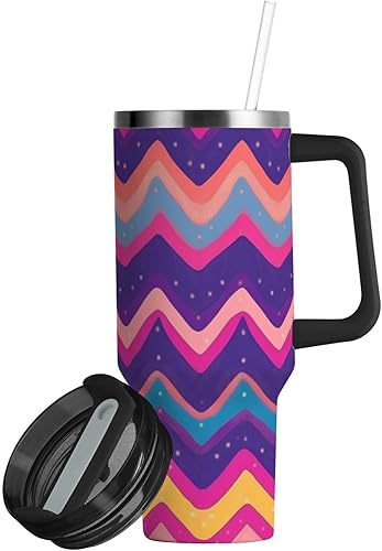 Miniatura 2 de Zigzag Dots - Botella de agua colorida al vacío de boca ancha con asa, tapa a prueba de fugas y pajita, taza de café decorativa para viajes, para