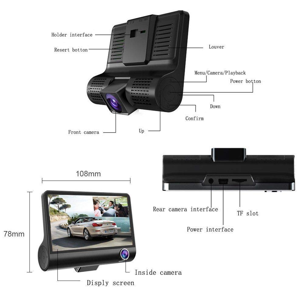 Hikity USB Dash Camera DVR 3 Cameras Lens 4'' Car Dash Camera Dual Lens | Dash CAM 1080P Grabación en Bucle Sensor G Monitor de Aparcamiento 170° Gran Angular Motion Sensor Tarjeta SD USB
