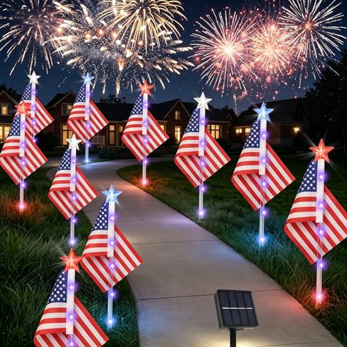 8 Pack Solar American Flag Pathway Lights - Patriotic Red White Blue Outdoor Stake Waterproof LED Decorations 4th of July Memorial Day & Independence Day Yard Garden