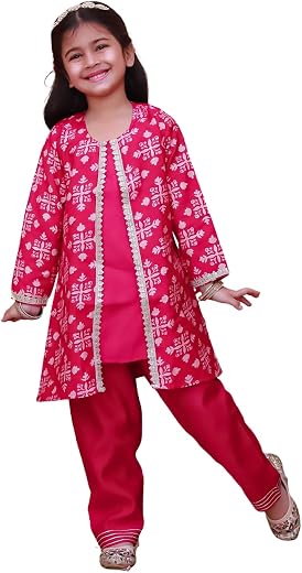 superminis Girls Slik Blend Floral Print Full Sleeve Kurti Pant Set