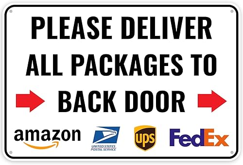 Miniatura 7 de 1 letrero de entrega para paquetes  Please Deliver All Packages to Rear Door Left Flecha  12 x 8 pulgadas  Aluminio  Instrucciones de entrega para
