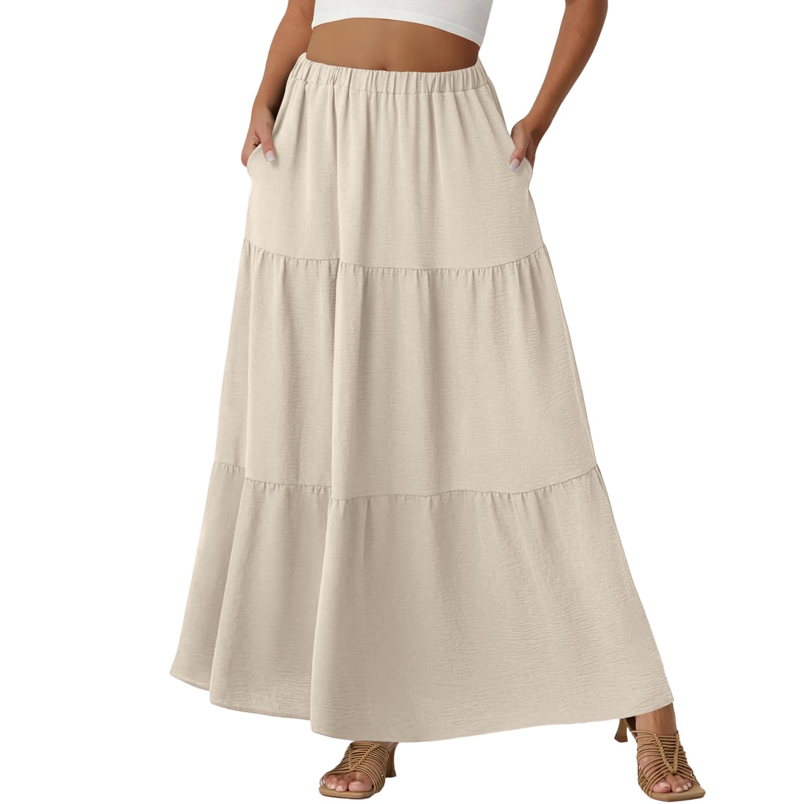 Gumipy Womens Skirts Summer Boho Flowy Maxi Skirt Trendy High Waisted A Line Tiered Long Skirts Casual Elegant