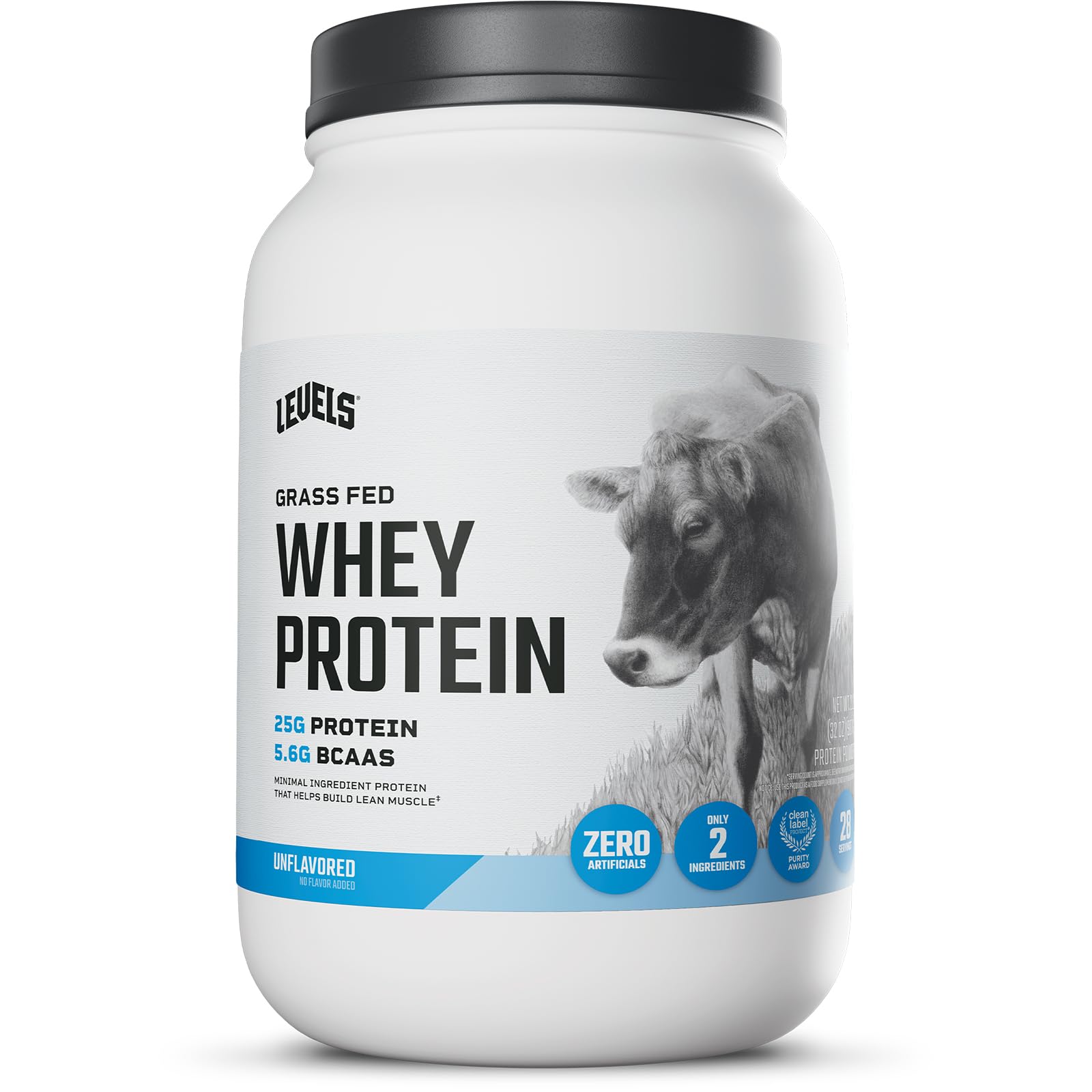 Levels Grass Fed Whey Protein Powder, No Artificials, 25G of Protein, Unflavored, 2LB