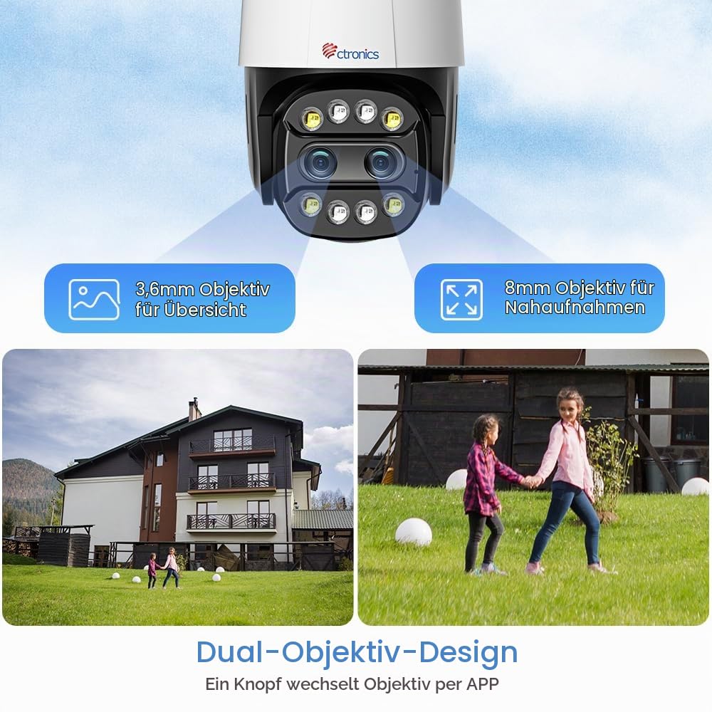 Ctronics 6X Hybrid-Zoom Überwachungskamera Aussen mit Dual-Objektiv