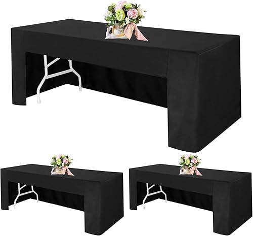 Miniatura 1 de Paquete de 3 manteles rectangulares ajustables con espalda abierta de 72 x 30 pulgadas, manteles negros para mesas de 6 pies, mantel ajustable de