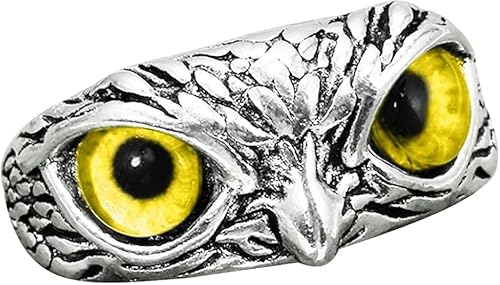 Gothic Owl Ring with Demon Eyes, Adjustable Silver Band, Vintage Style Unisex Jewelry (yellow)