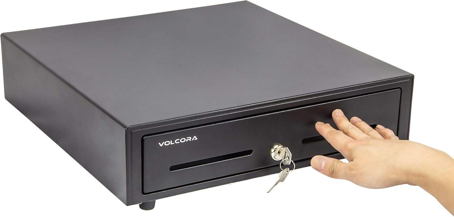 16" Manual Push Open Cash Register Drawer for Point of Sale (POS) System, Black Heavy Duty Till with 5 Bills/8 Coin Slots, Key Lock with Fully Removable Money Tray and Double Media Slots : Electronics