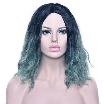 Amazon Com Kukishop 2 Tones Bob Wig Short Curly Wavy Hair For Women Shoulder Ombre Wig Black Mint Green Beauty Personal Care