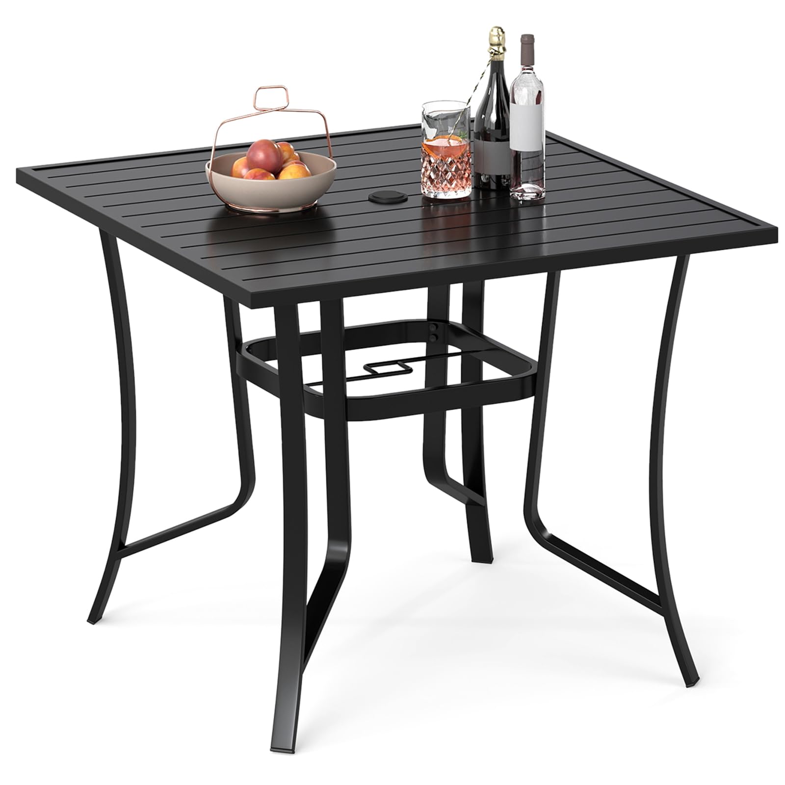COSTWAY 91cm/160cm Garden Table for 4/6, Outdoor Dining Table with Adjustable Umbrella Hole, Metal Slatted Patio Table Furniture for Balcony Backyard Terrace Porch (91 x 91cm, for 4 Person)