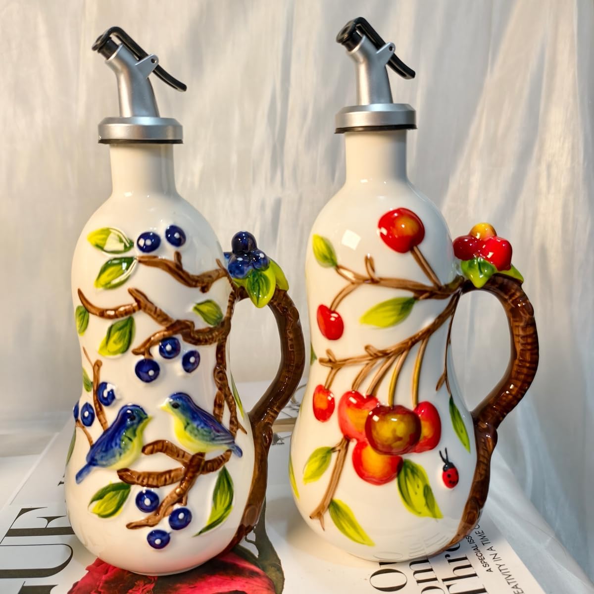 18 oz Hand-Painted Ceramic Relief Olive Oil Bottle Dispenser, with Handle Decorative Olive Oil Dispenser Bottle, Kitchen Ceramic Oil Vinegar Bottle Seasoning Bottle with Stainless Steel Spout & Funnel - Image 8