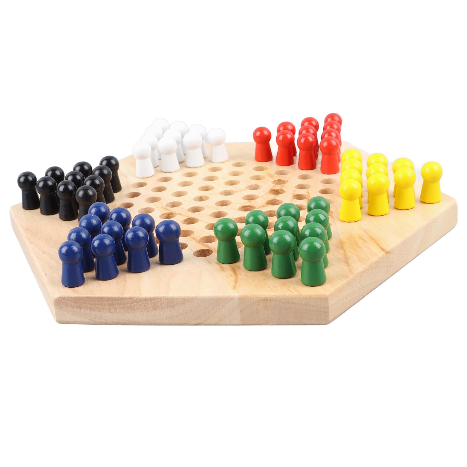 Checkers, Damespiel aus Massivholz mit Holzstiften, Chinesisches Checkers Hölzernes Buntes Brettspiel, Traditionelles sechseckiges chinesisches Familien-Damespielset aus Holz, Strategiespiel