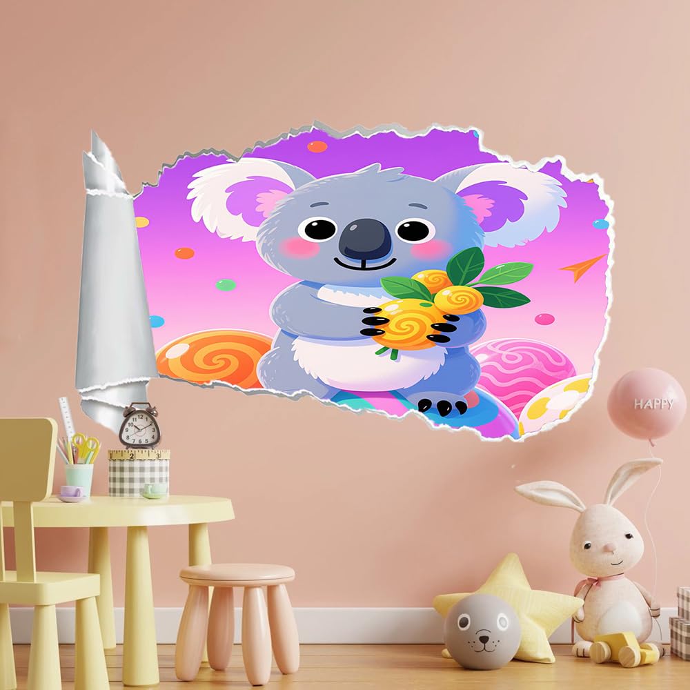 Adesivi Murali Murales Fracassati 3D Koala Decalcomanie Per Pavimenti In Impermeabile Animali Carini Per La Camera Da Letto, La Decorazione Della Parete 70X112Cm