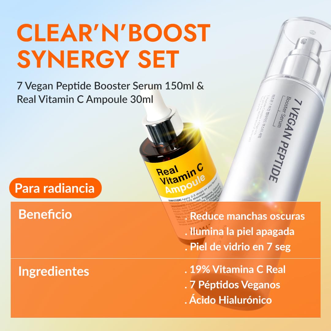 [MIZON] CLEAR'N'BOOST VITAMIN C SYNERGY SET - Vegan Peptide Booster Serum 150 ml + Real Vitamin C Ampoule 30 ml, rutina coreana de cuidado facial para glow, tono uniforme, poros y líneas finas