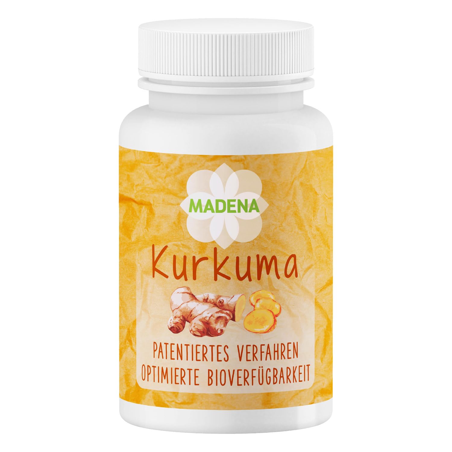 MADENA Kurkuma, Kurkumin hochdosiert, optimierte Bioverfügbarkeit, patentiertes Verfahren, bewusst ohne Piperin und Emulgatoren, vegan 50 Kapseln