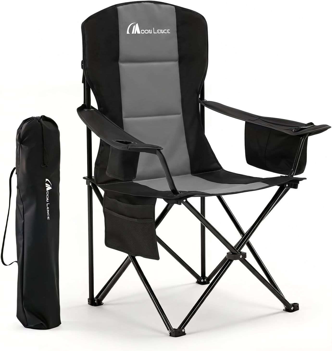 MOON LENCE Heavy Duty Camping Chair, 450LBS Capacity High Back Folding Chair with Cup Holder & Cooler Bag, Portable Outdoor Chair for Camping, Backyard, RV and Beach, 1 Pack