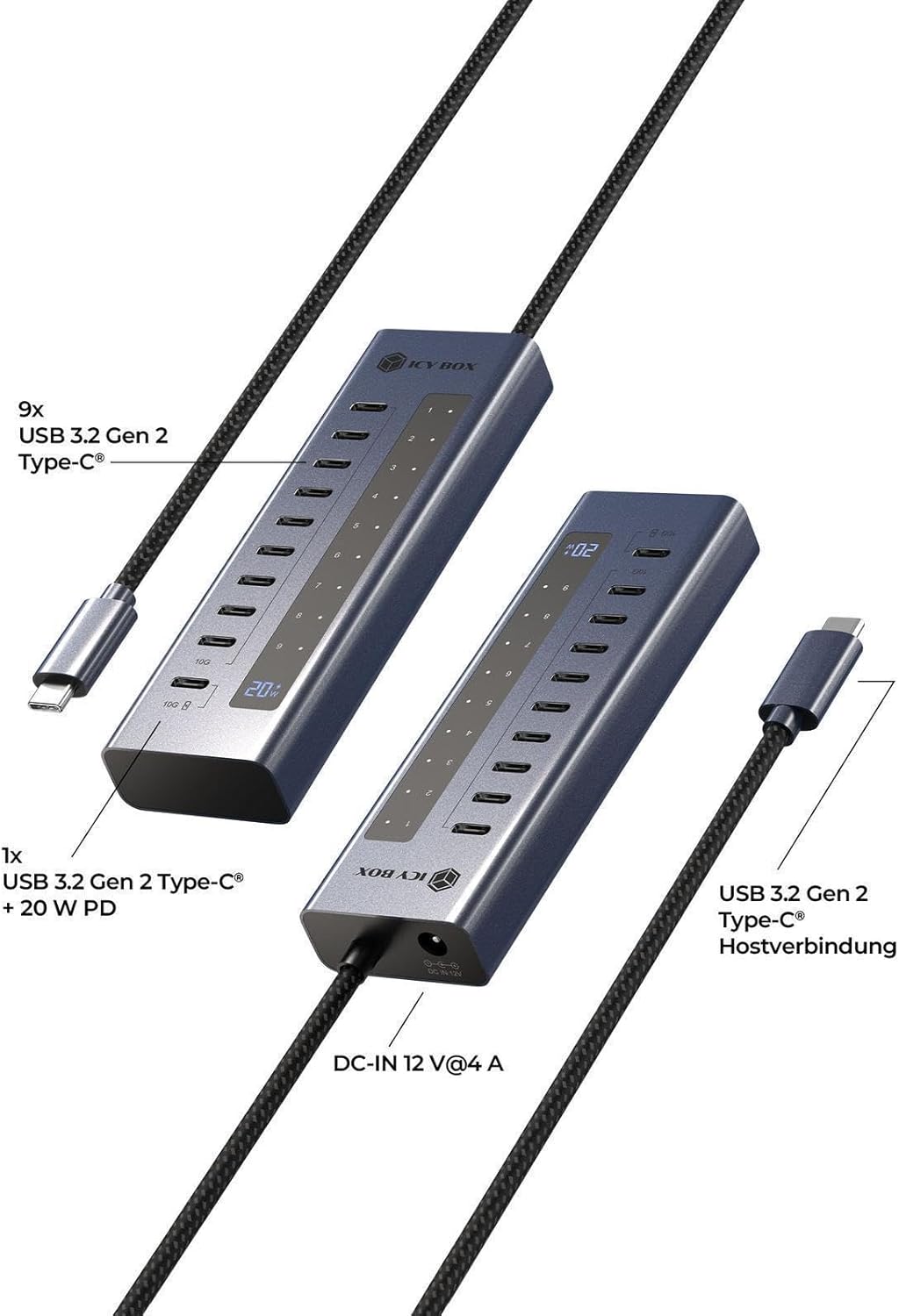 ICY Box 10-Port USB-C Hub, 9x USB 3.2 Gen 2 (10 Gbps), 1x USB-C Power Delivery 20 W, Aluminium Housing, 60 cm Cable, Includes Power Adapter, IB-HUB1450-C31