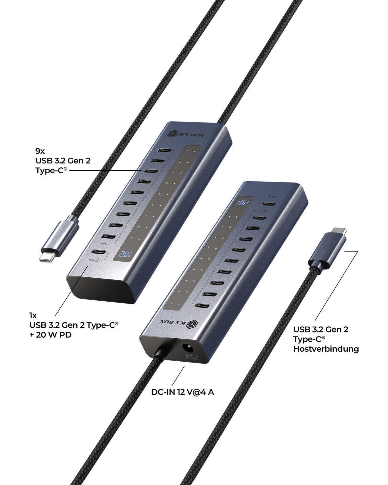 ICY Box Hub USB-C a 10 porte, 9 porte USB 3.2 Gen 2 (10 Gbps), 1 alimentatore USB-C da 20 W, alloggiamento in alluminio, cavo da 60 cm, adattatore di alimentazione, IB-HUB1450-C31