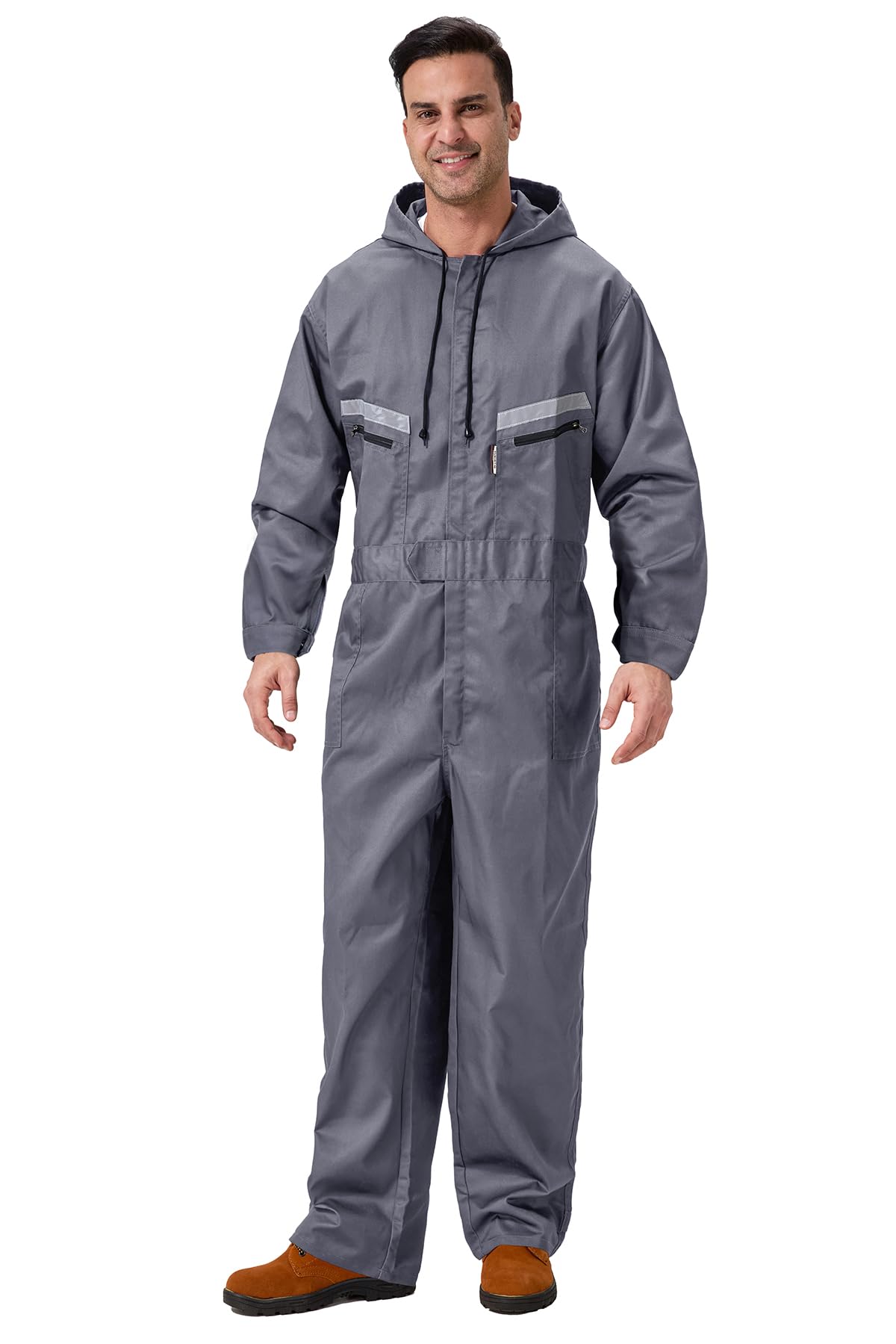 Uomo Incappucciato Tuta da Lavoro Multitasche in Poliestere e Cotone Tuta da Lavoro con Elastico Salopette da Lavoro Uniforme con Tasche, Grigio, M