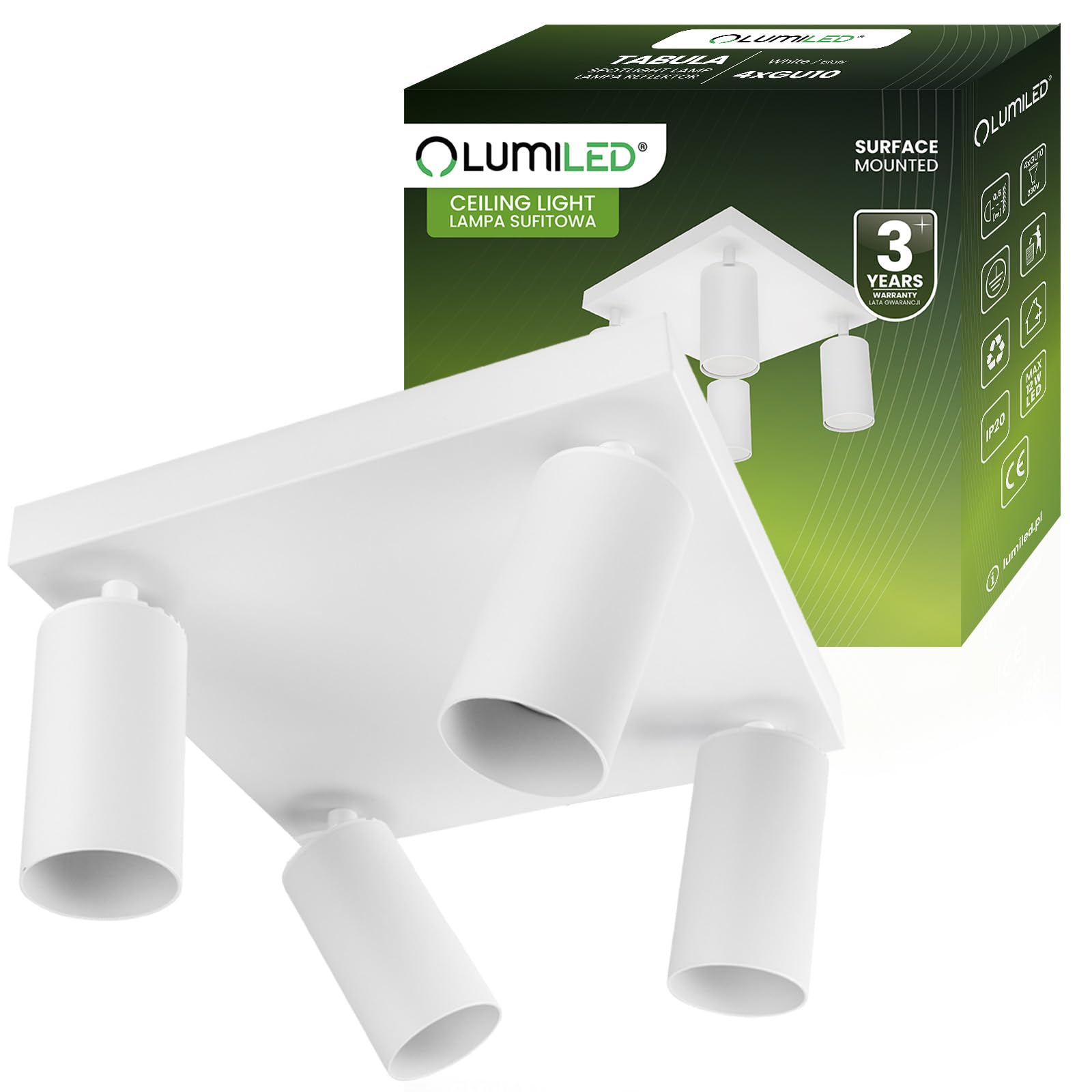 Lumiled Plafonnier à 4 spots pour plafond, plafonnier, plafonnier, orientable, pivotant, blanc, rond, 4 douilles GU10, 230 V