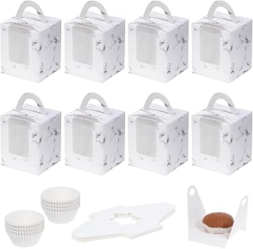 Coolty 50pcs Cupcake Boxes 1 Hole Cardboard Packaging Boxes Bakery Pastry Boxes with Handle, Window and Inserts for Cookies Muffins Cupcakes Desserts Pies Marble White