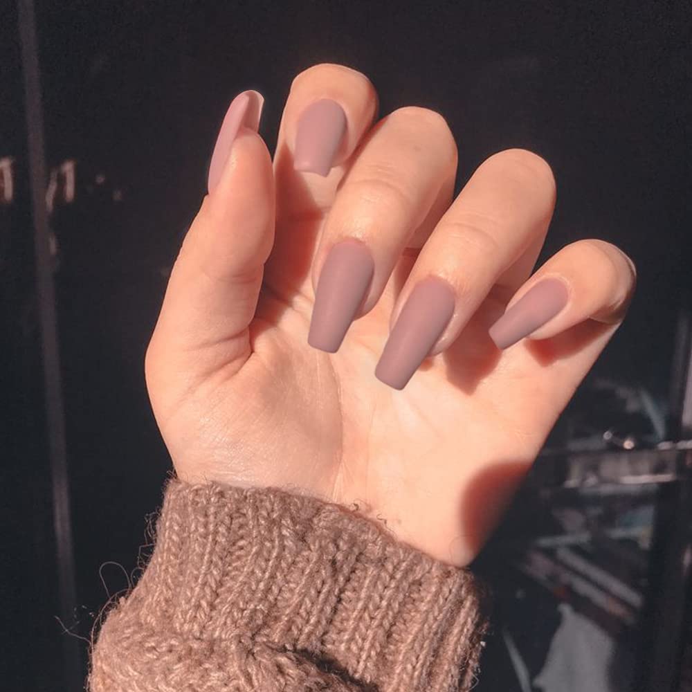 KQueenest Soft Gel Press on Nails Long Square, Matte Nude Brown False Nails Long Medium Coffin, Natural Solid Fake Nails Set - Image 3